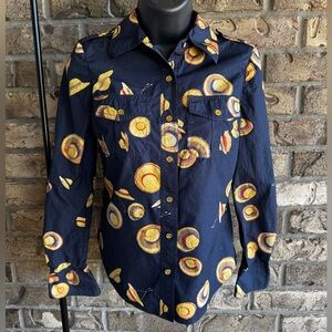 👒 Tory Burch Navy Button Down Shirt with Straw Hat Print Size 0